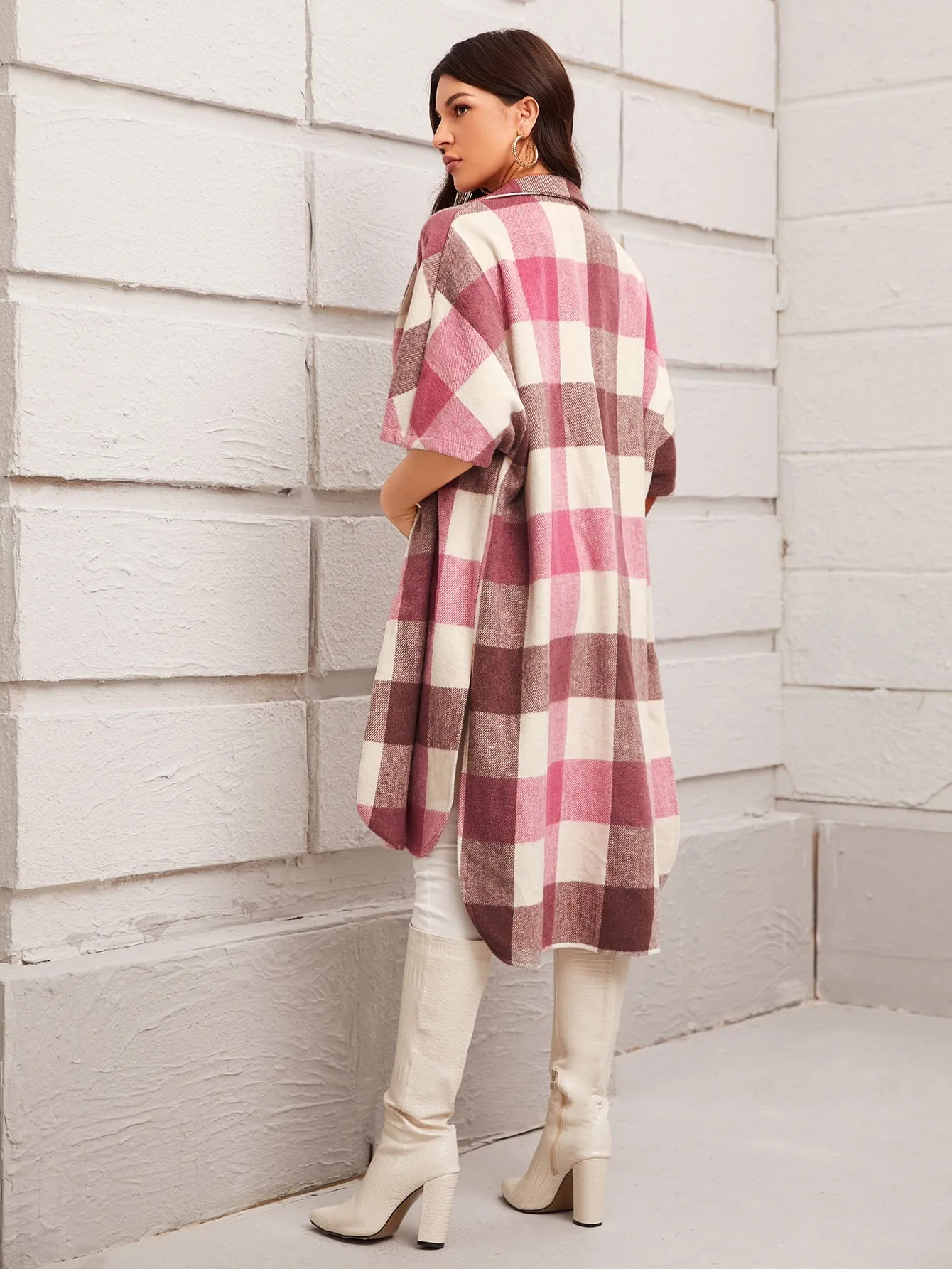 Preppy Plaid Button Front Half Sleeve Collar Asymmetrical Short Women Overcoat