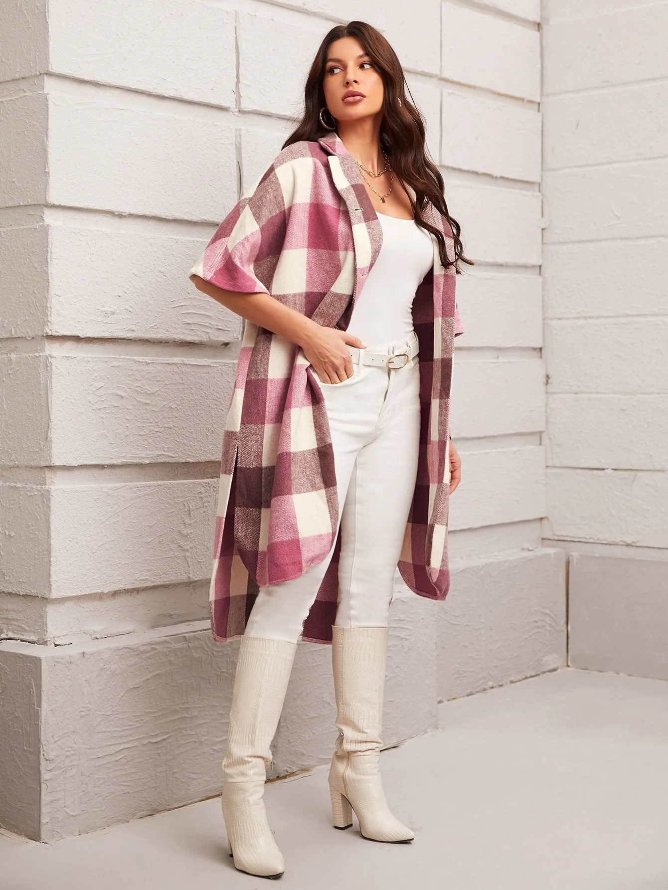 Preppy Plaid Button Front Half Sleeve Collar Asymmetrical Short Women Overcoat