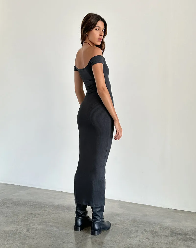 Racha Thick Rib Bardot Maxi Dress in Black Forest