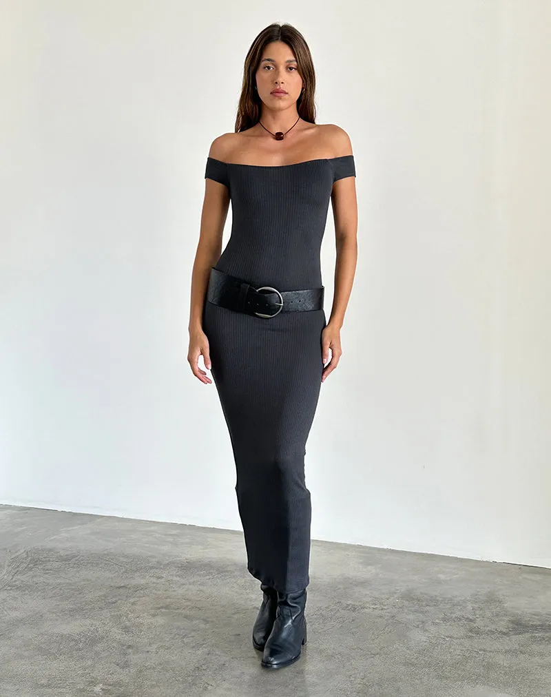 Racha Thick Rib Bardot Maxi Dress in Black Forest