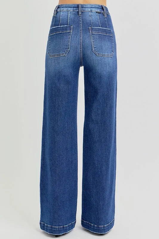 Risen High Rise Slanted Pocket Wide Leg Jeans