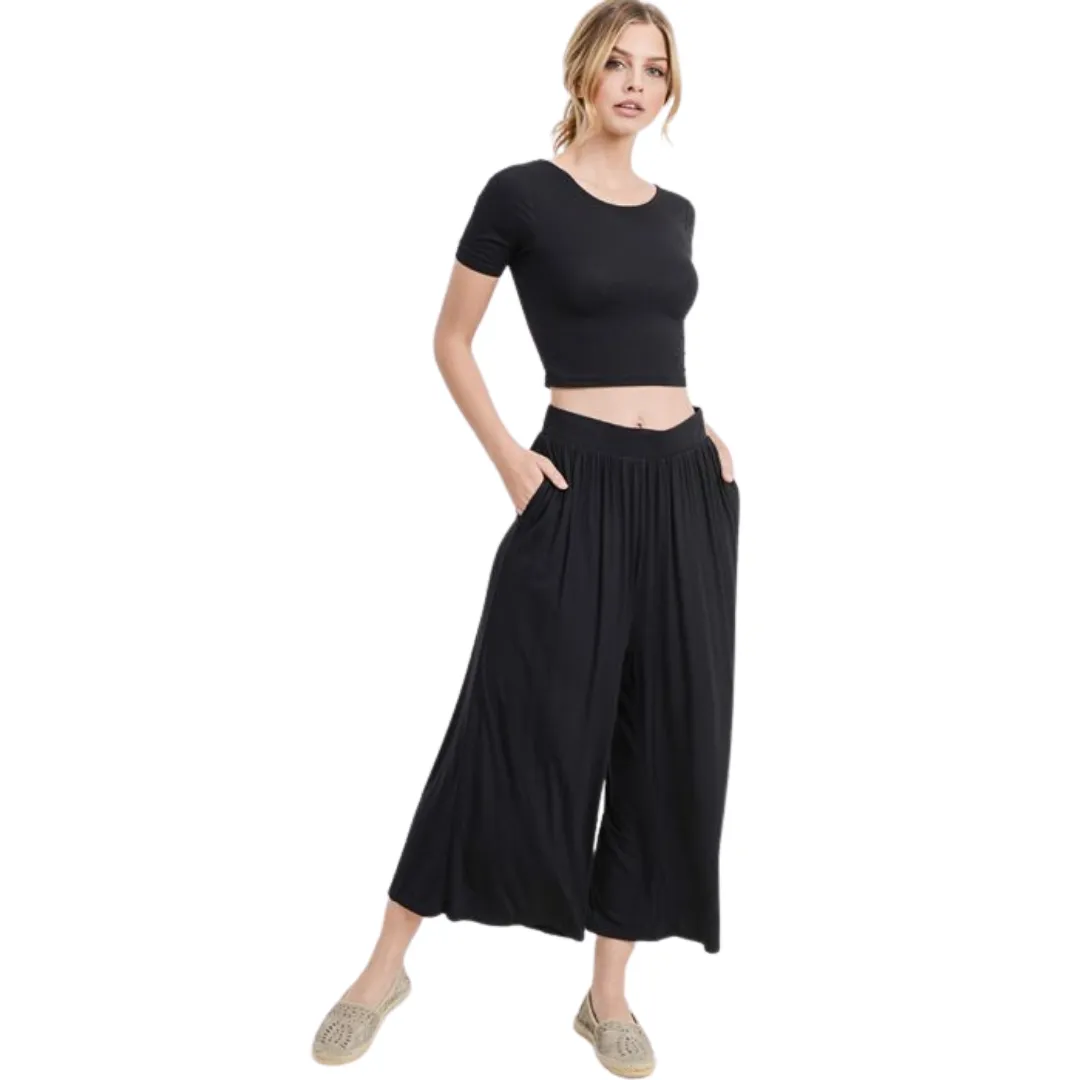 Ruched Palazzo Capri Pants Washed Black