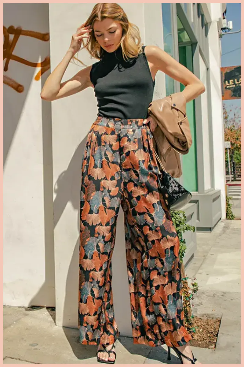 Satin Ginkgo Printed Palazzo Pants