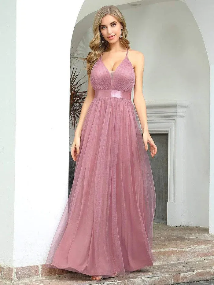 Sexy Deep V-neck Backless Tulle Maxi Evening Dresses