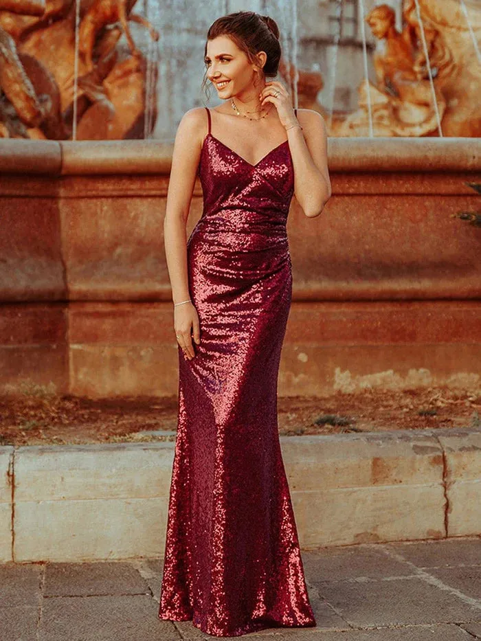 Sexy Spaghetti Straps Fishtail Sequin Evening Gowns for Women