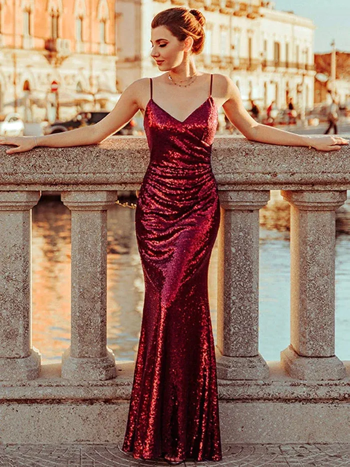 Sexy Spaghetti Straps Fishtail Sequin Evening Gowns for Women