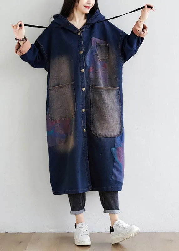 Simple dark Blue drawstring Hooded Pockets Print denim trench Coats Spring