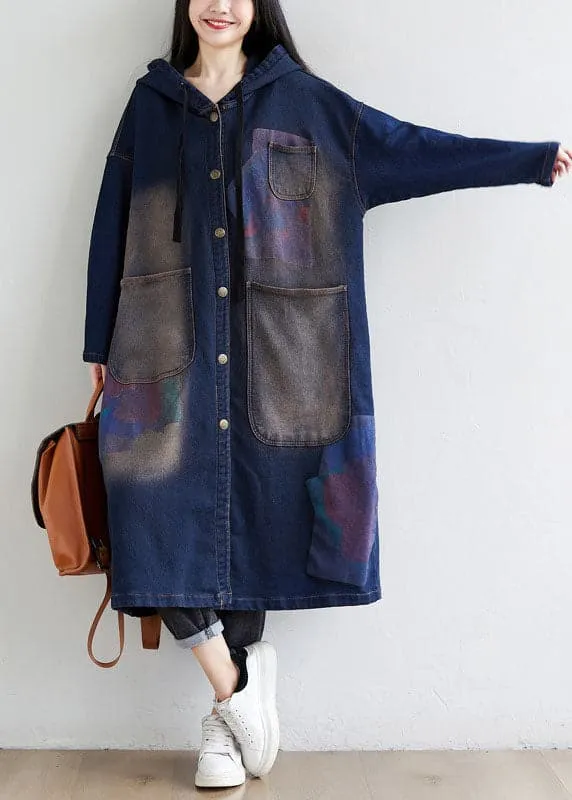 Simple dark Blue drawstring Hooded Pockets Print denim trench Coats Spring