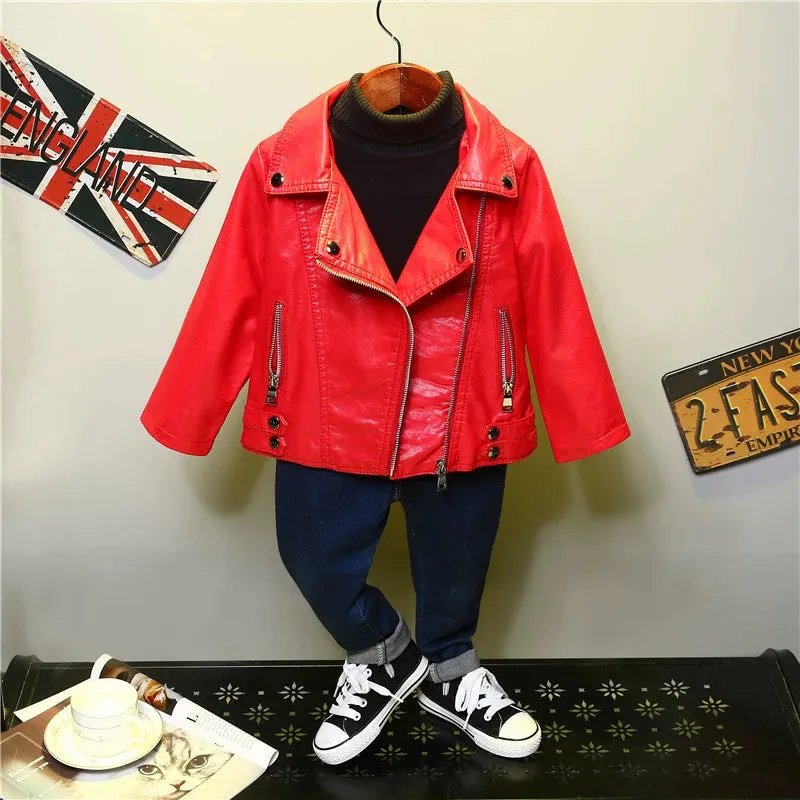 Spring and Autumn Korean Style PU Leather Lapel Fashion Baby Children's Clothing