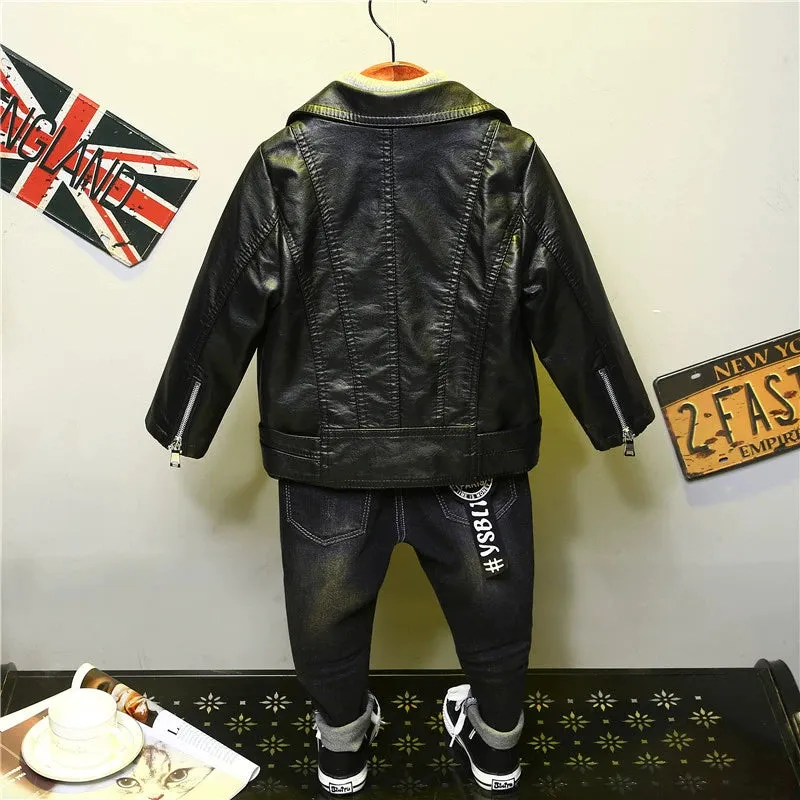 Spring and Autumn Korean Style PU Leather Lapel Fashion Baby Children's Clothing