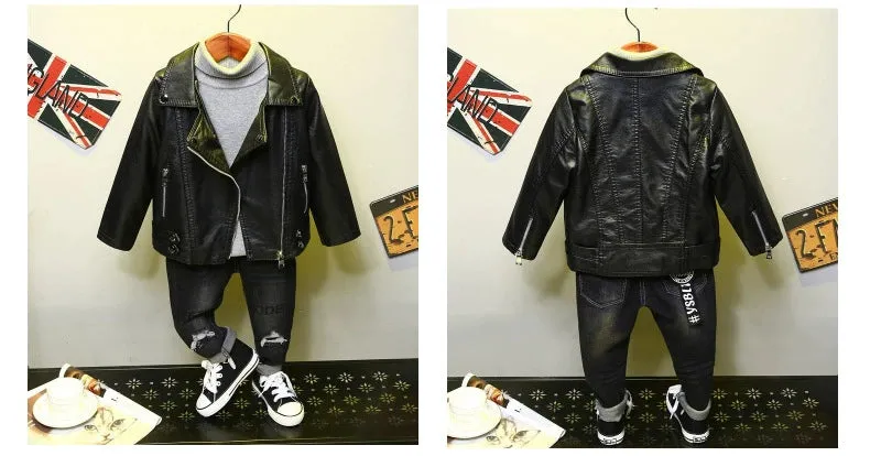 Spring and Autumn Korean Style PU Leather Lapel Fashion Baby Children's Clothing