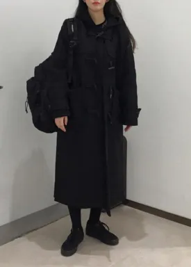 Style black fine trench coat Cotton side open hooded coats