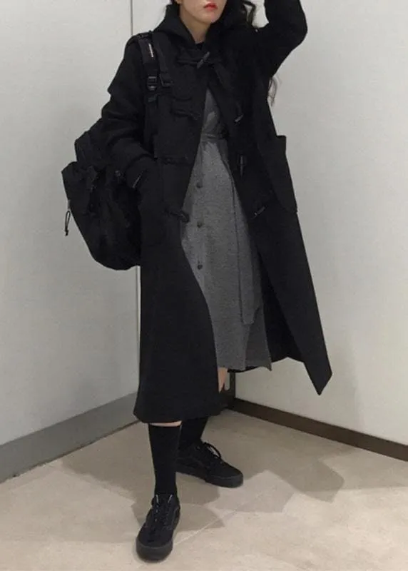 Style black fine trench coat Cotton side open hooded coats