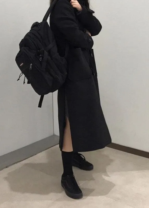 Style black fine trench coat Cotton side open hooded coats