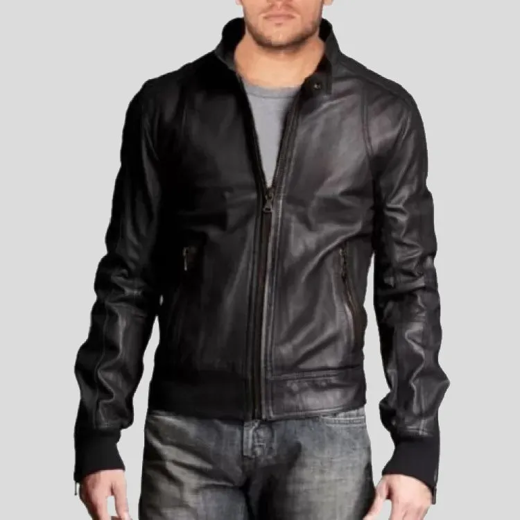 Stylish Mens Leather Bomber Jacket with Stand Collar