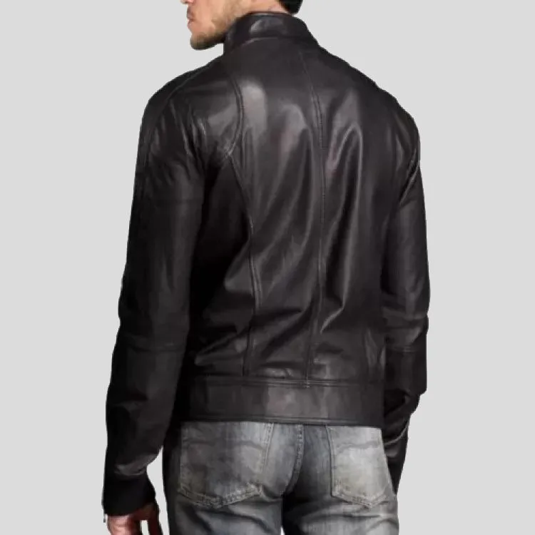 Stylish Mens Leather Bomber Jacket with Stand Collar