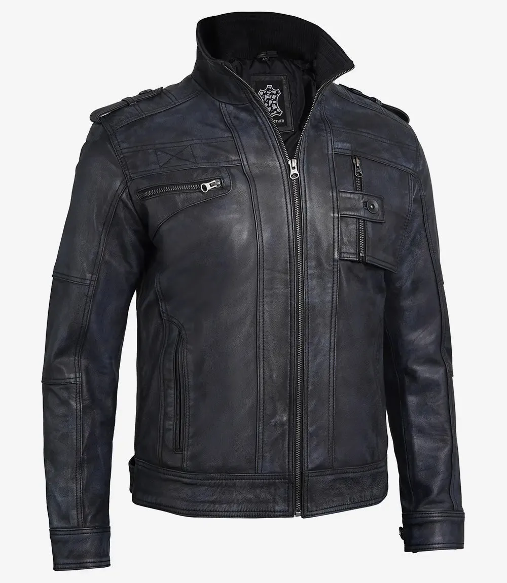 Tavares Mens Distressed Black Leather Biker Jacket