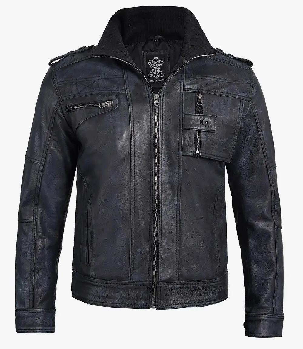 Tavares Mens Distressed Black Leather Biker Jacket