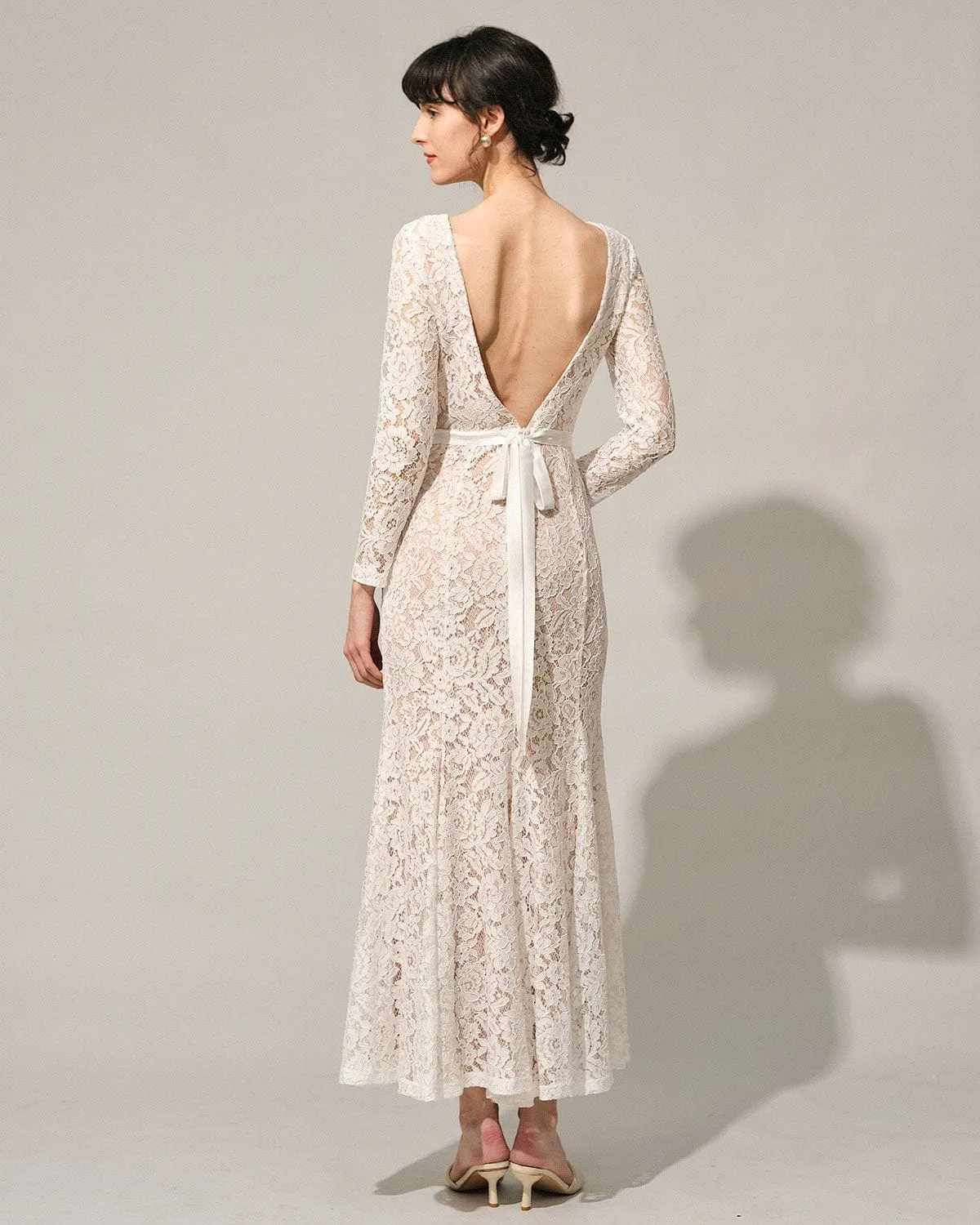 The White Lace Long Sleeve Backless Maxi Dress