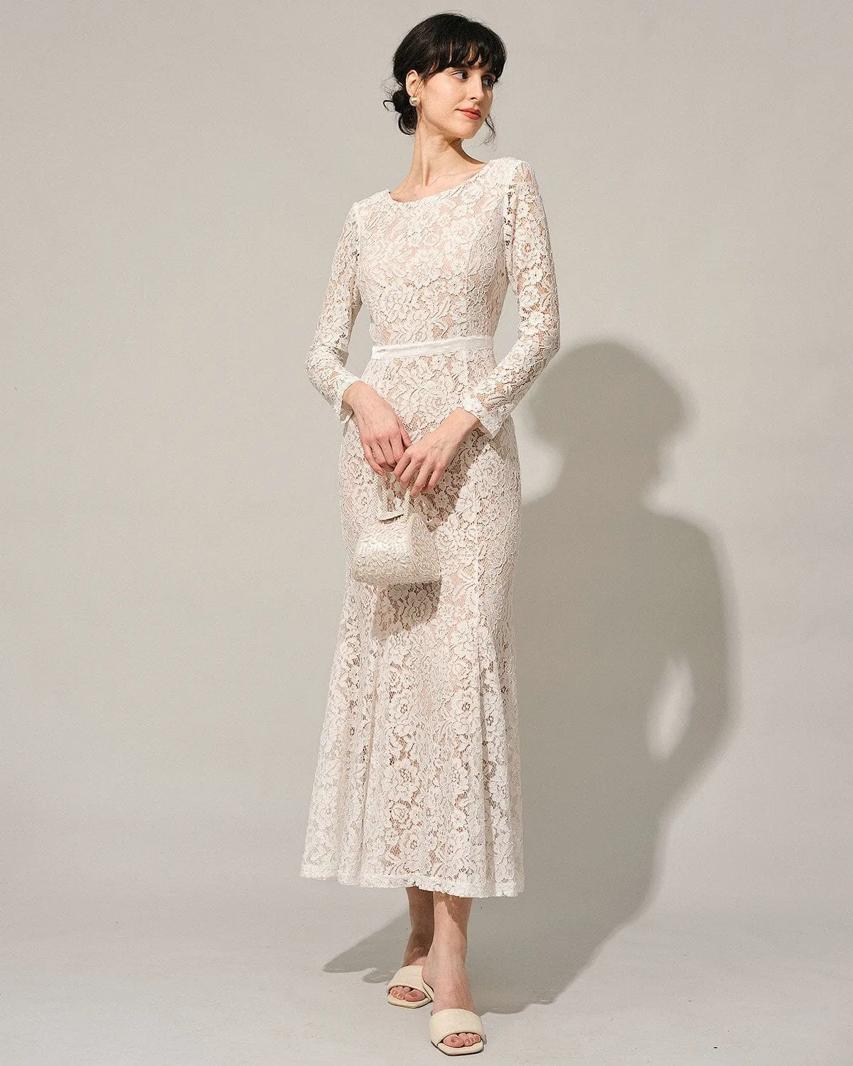 The White Lace Long Sleeve Backless Maxi Dress