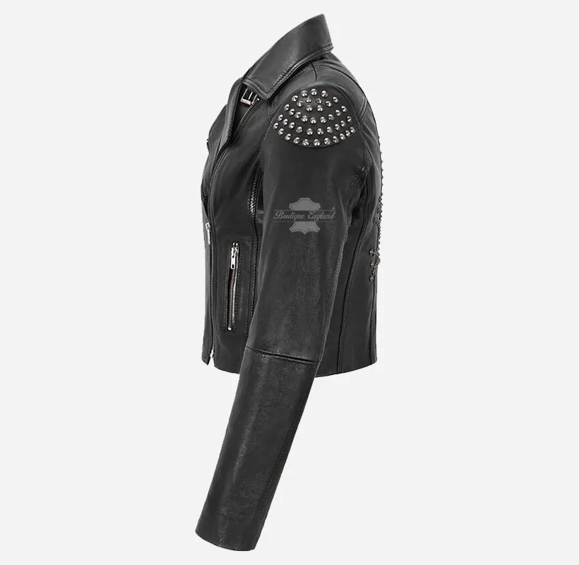 Vixen's Studded Skull Leather Biker Style Jacket For Women