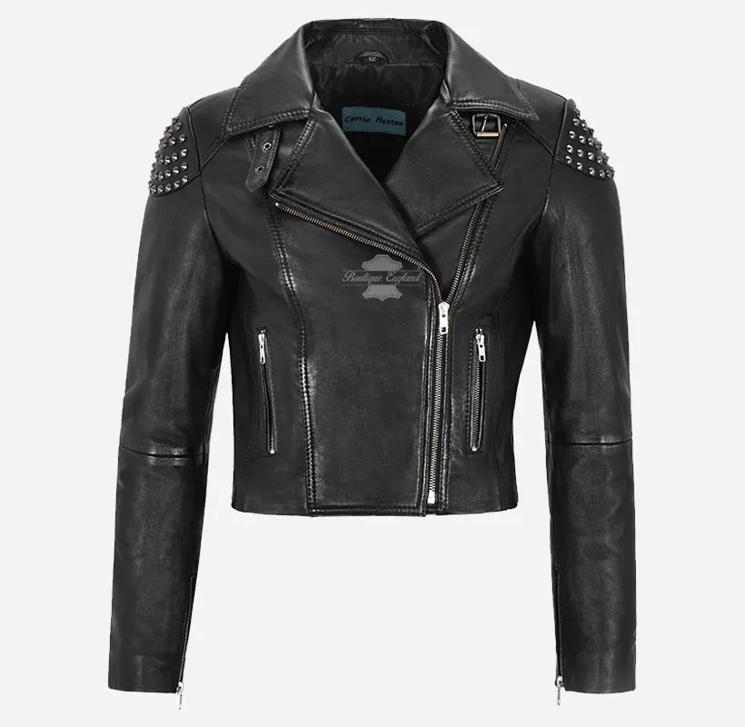 Vixen's Studded Skull Leather Biker Style Jacket For Women