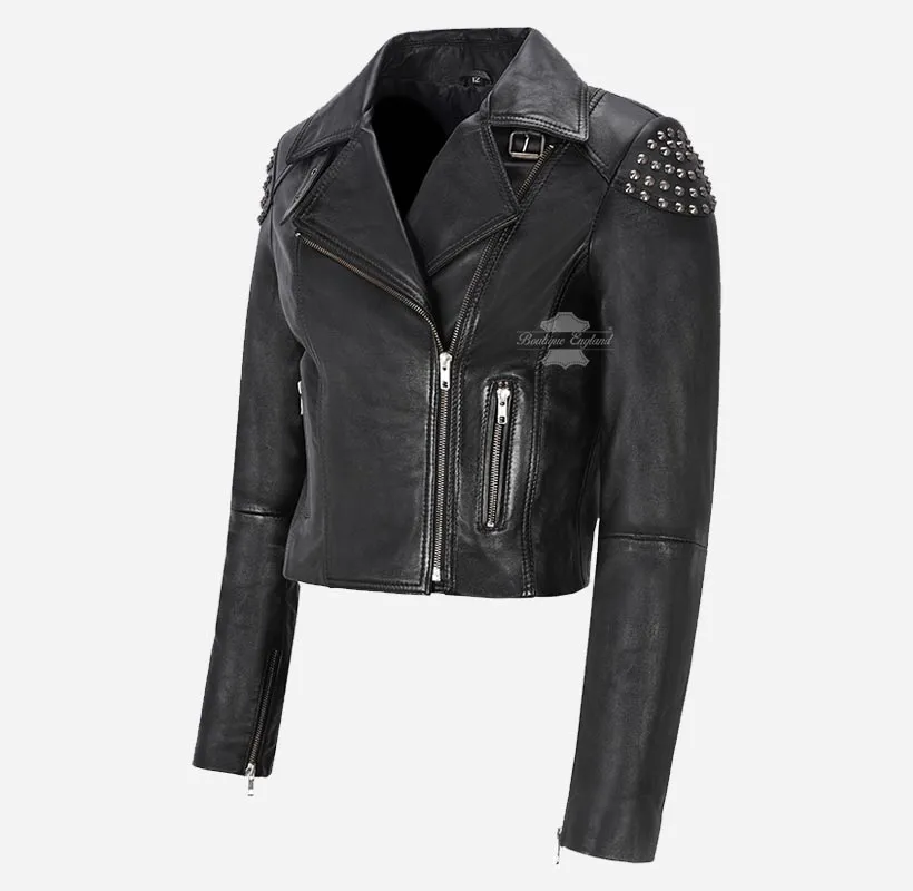 Vixen's Studded Skull Leather Biker Style Jacket For Women