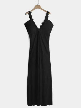 Wholesale Black Deep V Neck Sleeveless Crochet Lace Embellished Zip Back Backless Hollow Maxi Dress