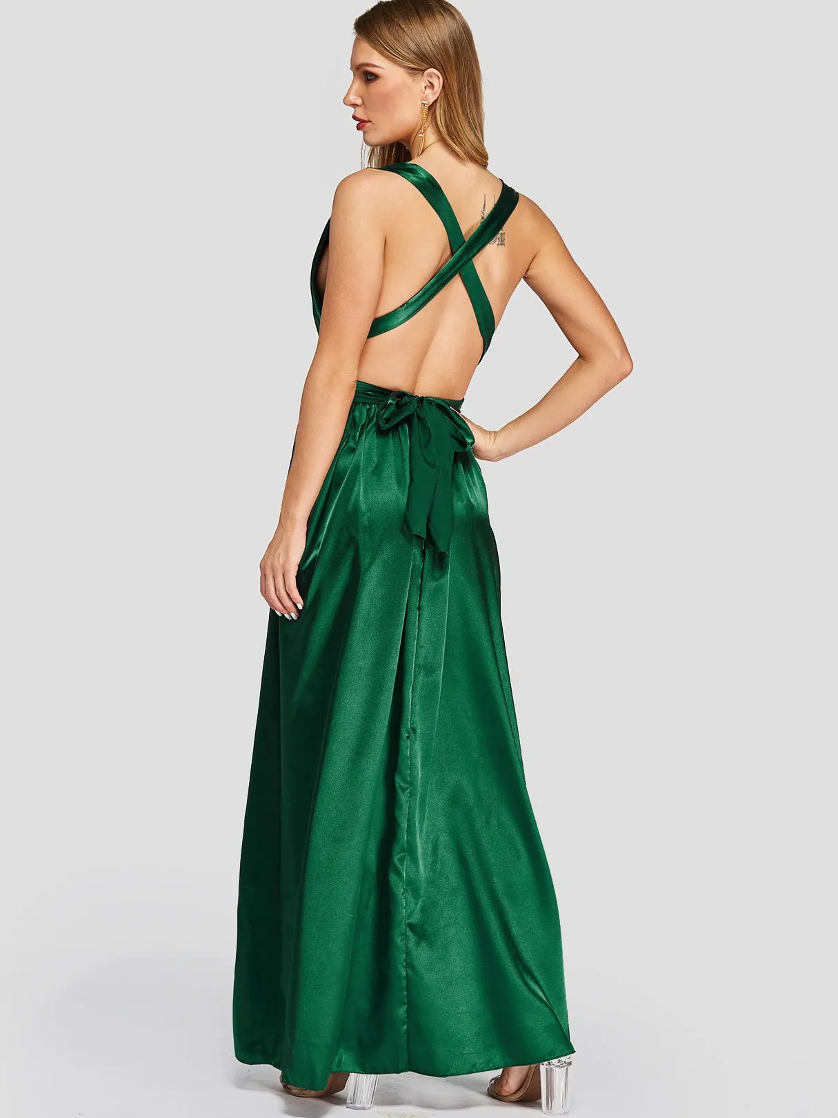 Wholesale Green V-Neck Crossed Collar Sleeveless Backless Lace-Up Self-Tie Criss-Cross Maxi Dresses