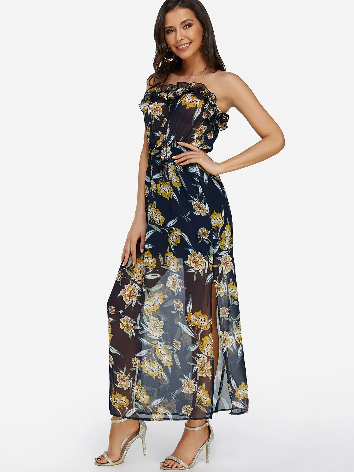 Wholesale Navy Off The Shoulder Sleeveless Floral Print Lace-Up Slit Hem Maxi Dress