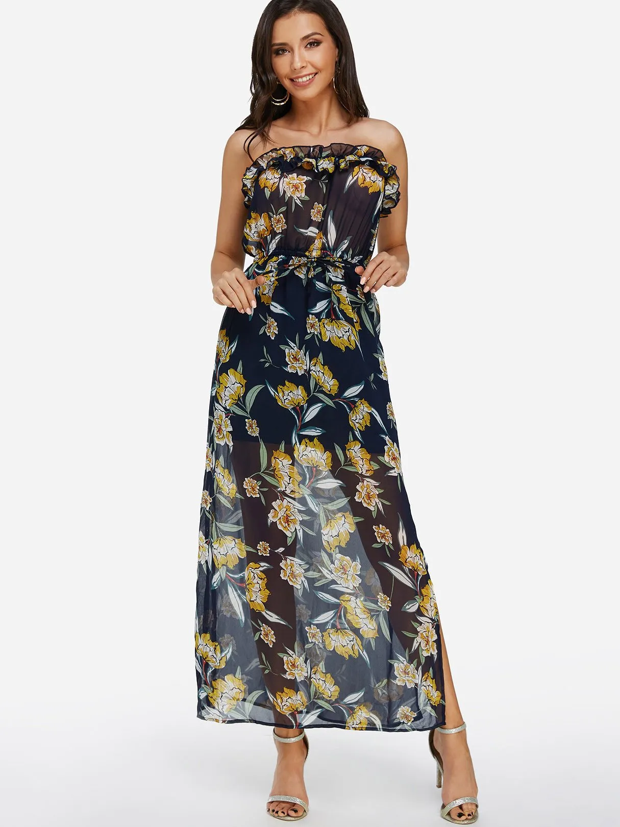 Wholesale Navy Off The Shoulder Sleeveless Floral Print Lace-Up Slit Hem Maxi Dress