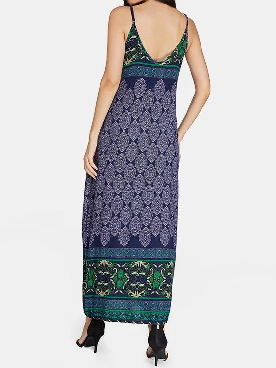 Wholesale Navy V-Neck Sleeveless Tribal Print Backless Maxi Dress