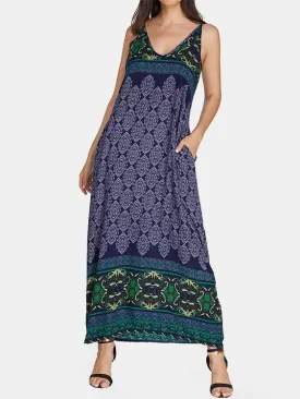 Wholesale Navy V-Neck Sleeveless Tribal Print Backless Maxi Dress