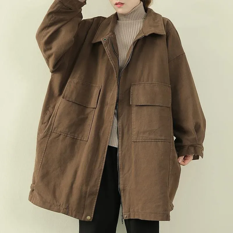 women casual warm winter coat black lapel zippered coat