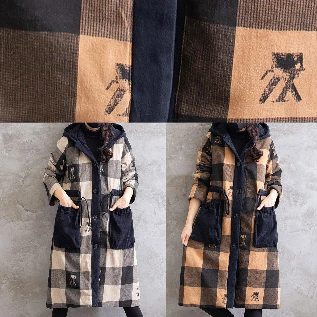 Women Gray Plaid Overcoat Hooded Drawstring Coats