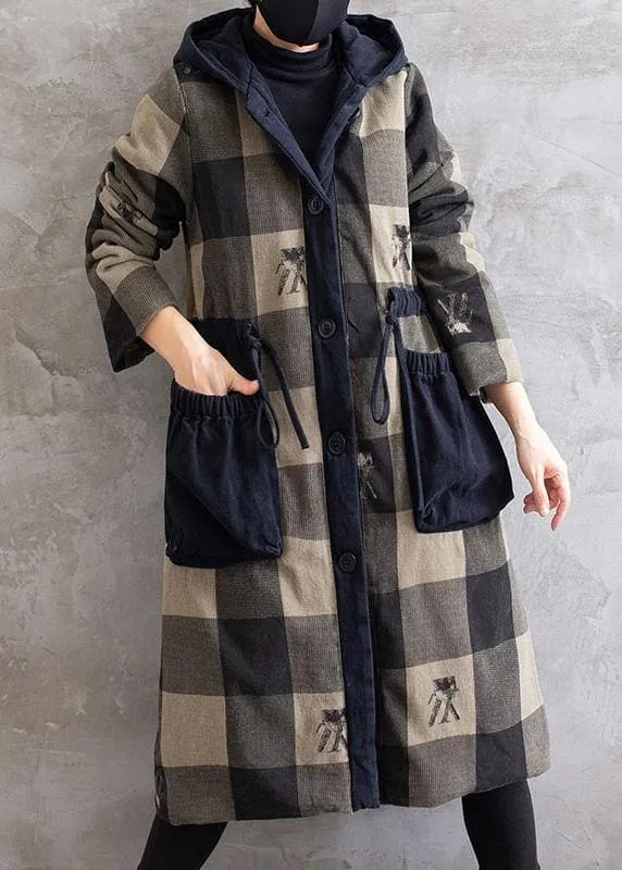 Women Gray Plaid Overcoat Hooded Drawstring Coats