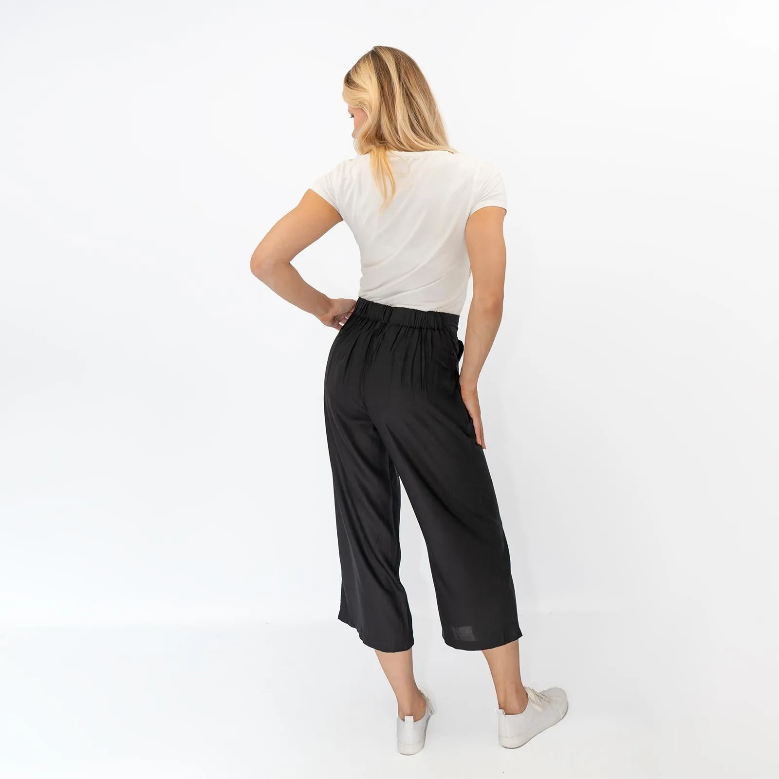 Womens Trousers Black Woven Crop Wide Leg