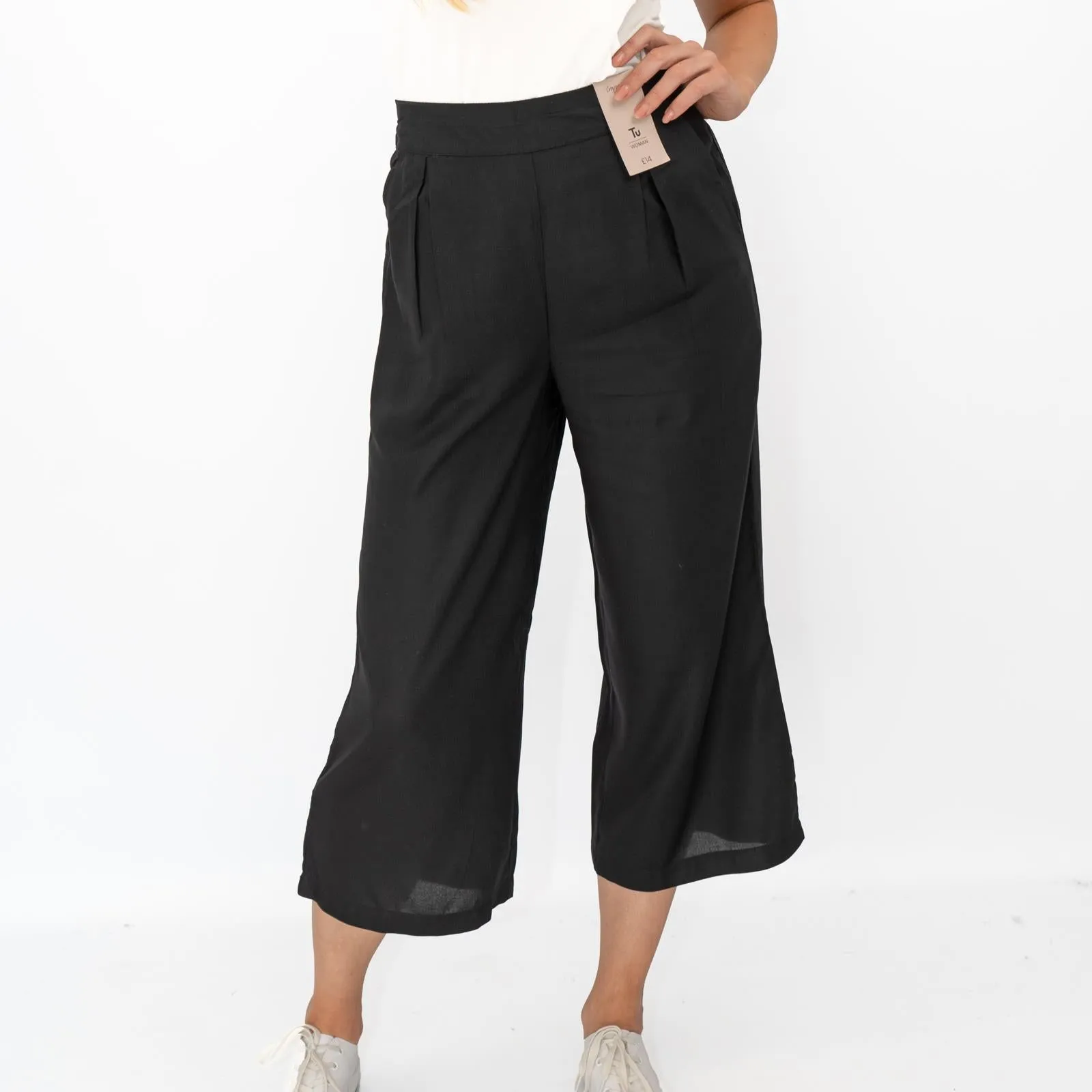 Womens Trousers Black Woven Crop Wide Leg