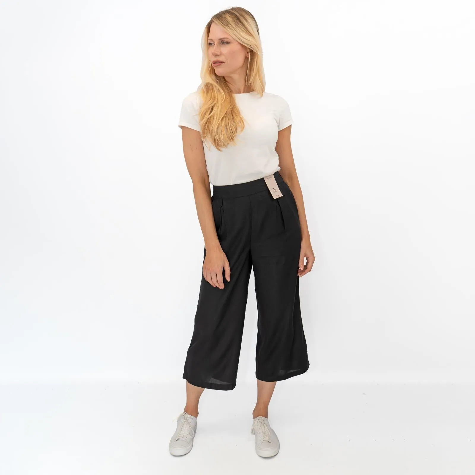 Womens Trousers Black Woven Crop Wide Leg