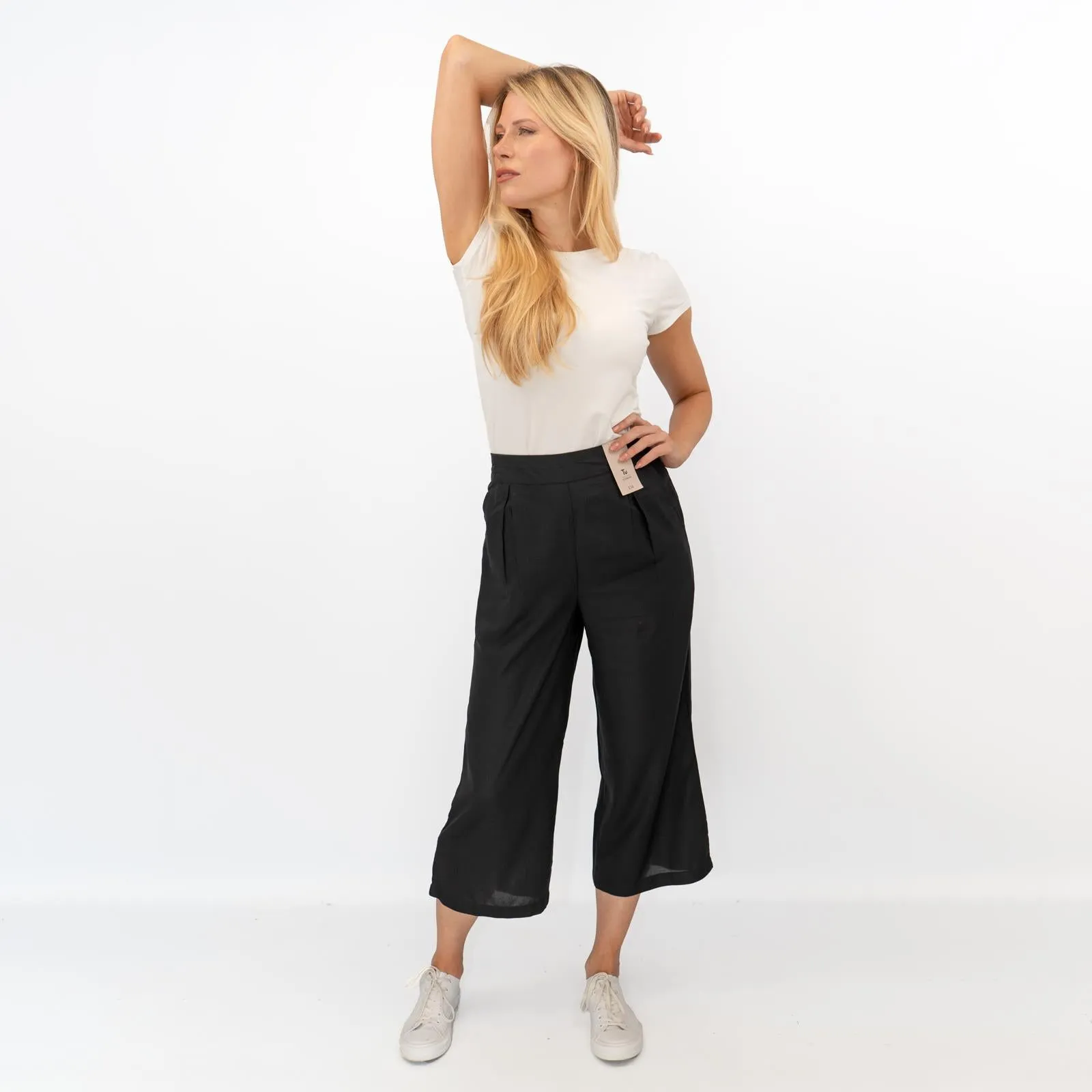 Womens Trousers Black Woven Crop Wide Leg