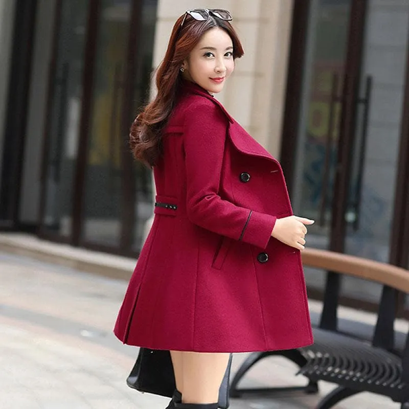 Wool Blend Turn-down Collar Double Breasted Trench Coat