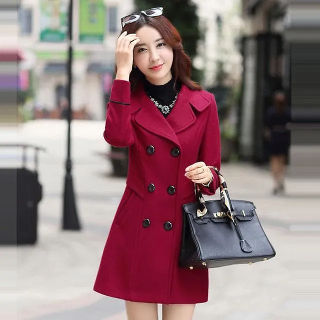 Wool Blend Turn-down Collar Double Breasted Trench Coat