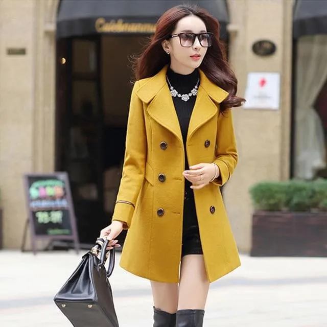 Wool Blend Turn-down Collar Double Breasted Trench Coat