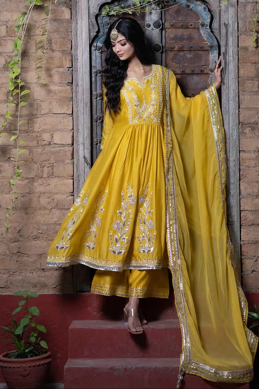 Yellow Chanderi Embroidered Anarkali Set