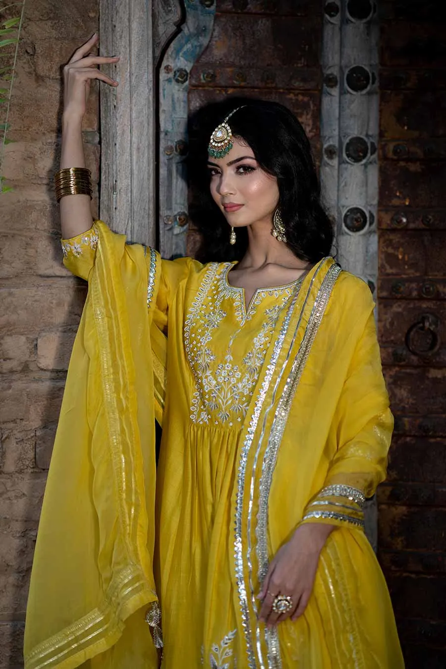 Yellow Chanderi Embroidered Anarkali Set