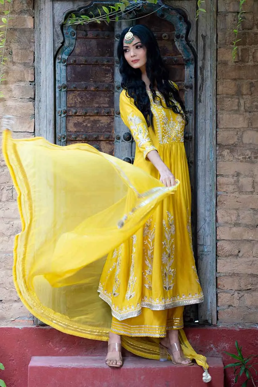 Yellow Chanderi Embroidered Anarkali Set